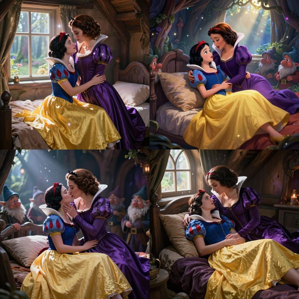 Snow White and Evil Queen Embrace in Enchanted Forest