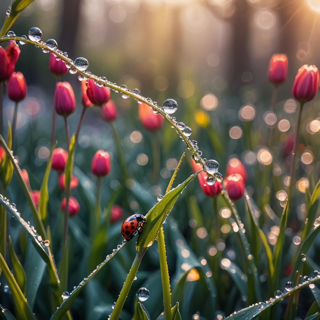 macro shot of lady bug magnified by a dew drops on beautiful tulips early Moring, sparkling wonderful dawn, leaf and flo...
