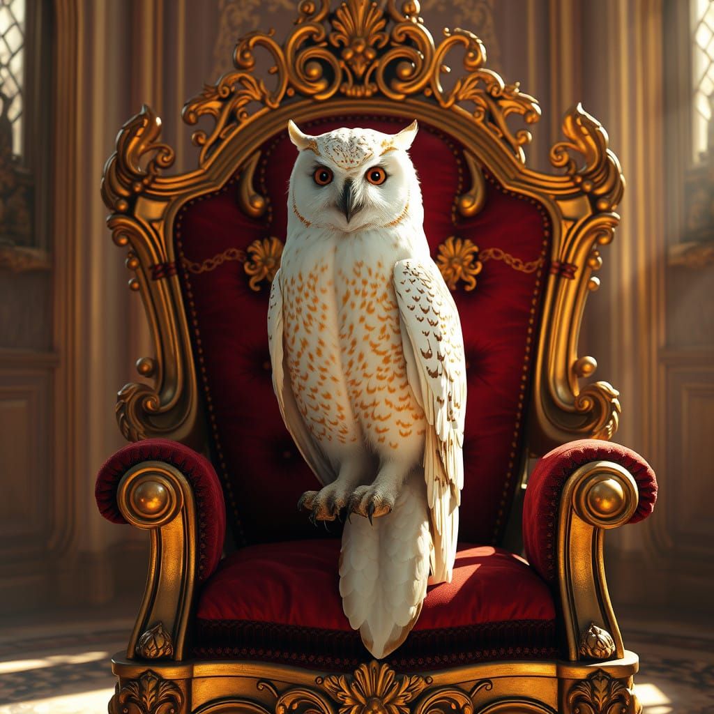 Regal Golden Owl Throne Scene in Dreamy, Hyper-Realistic Sty...