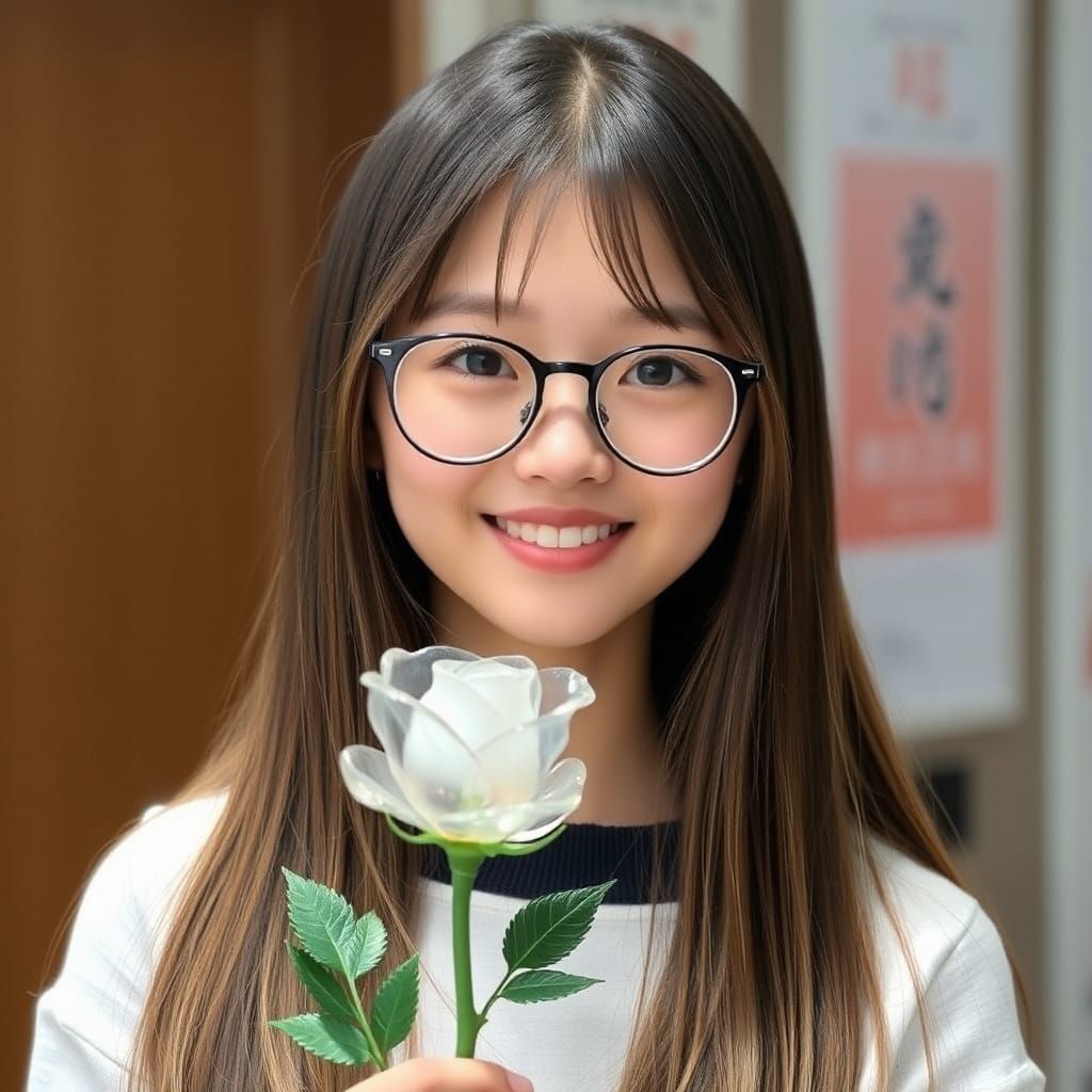 Japanese Girl Holding Glass Rose