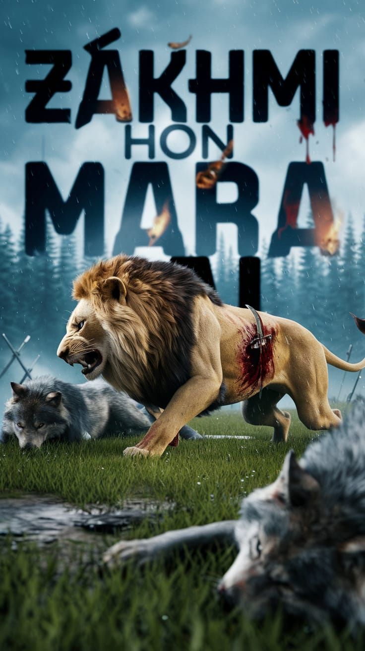 Cyberpunk Lion Battles Wolves in Rainy Battlefield