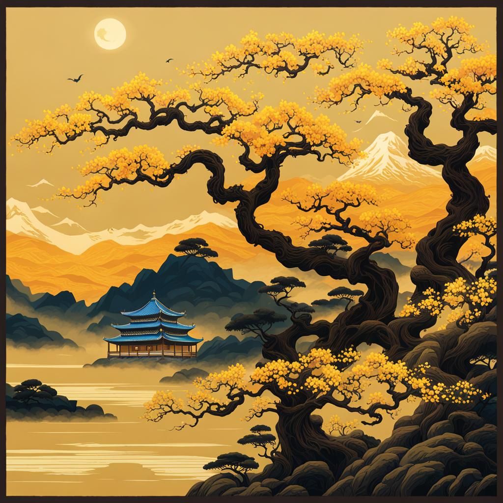 Golden Light Through Cherry Blossoms: Detailed Matte Paintin...