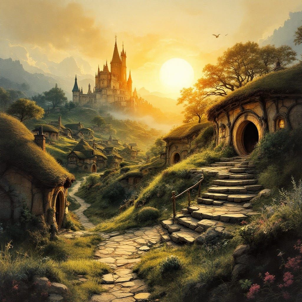 Hobbiton Double Exposure: Ink Painting Landscape