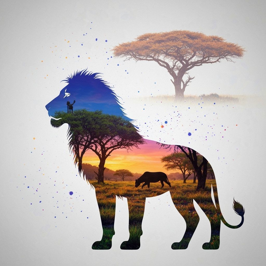 Glowing Lion Silhouette in African Landscape Double Exposure
