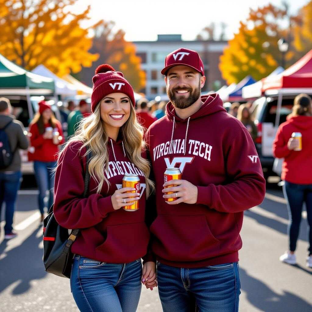 Couple at Virginia Tech Tailgate Party, Cartoon Style