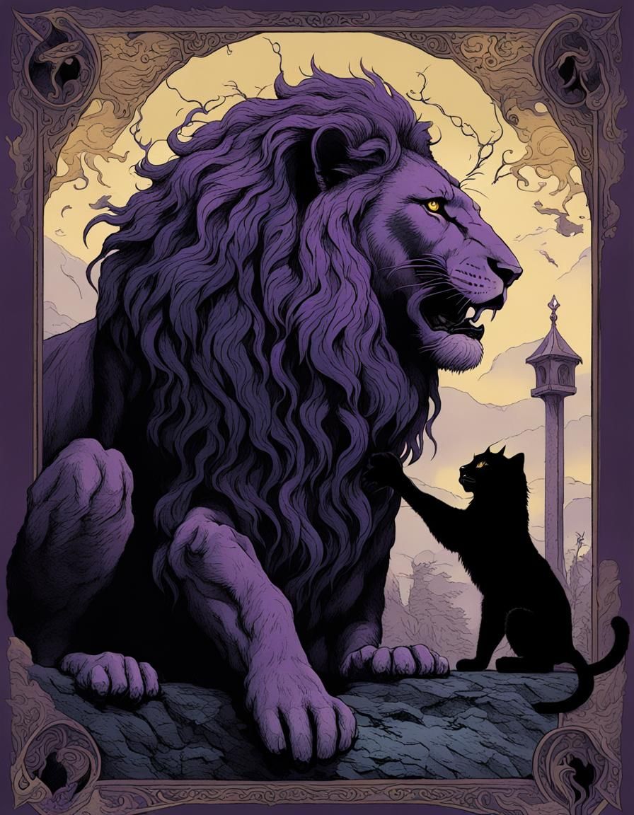 Black Cat Strength Tarot Card in Horror Style