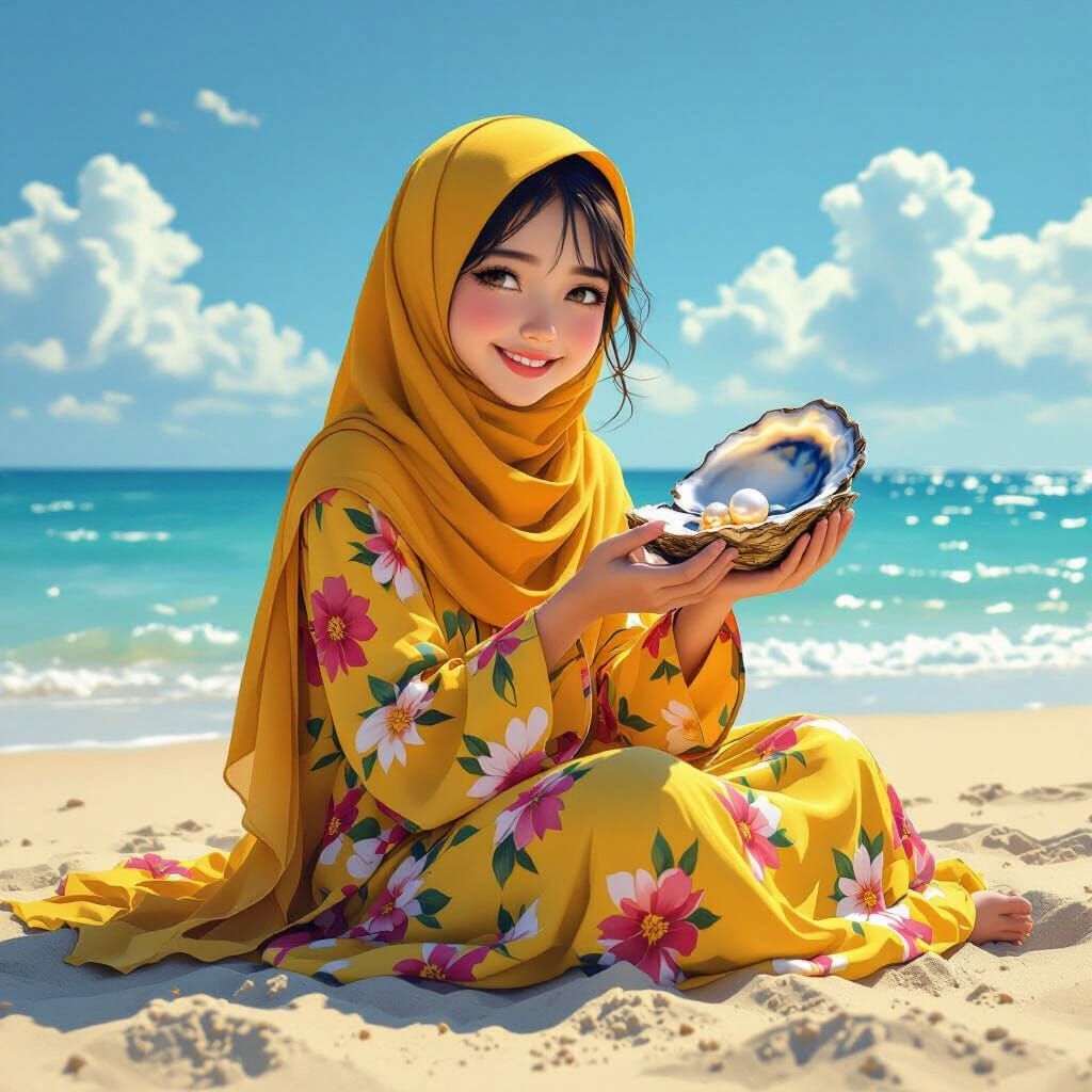 Asian Girl with Pearl on Beach in Hyperrealism