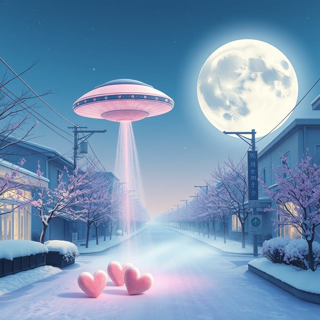 Ethereal Moonlit Tokyo Street Scene with Sakura and Pink UFO