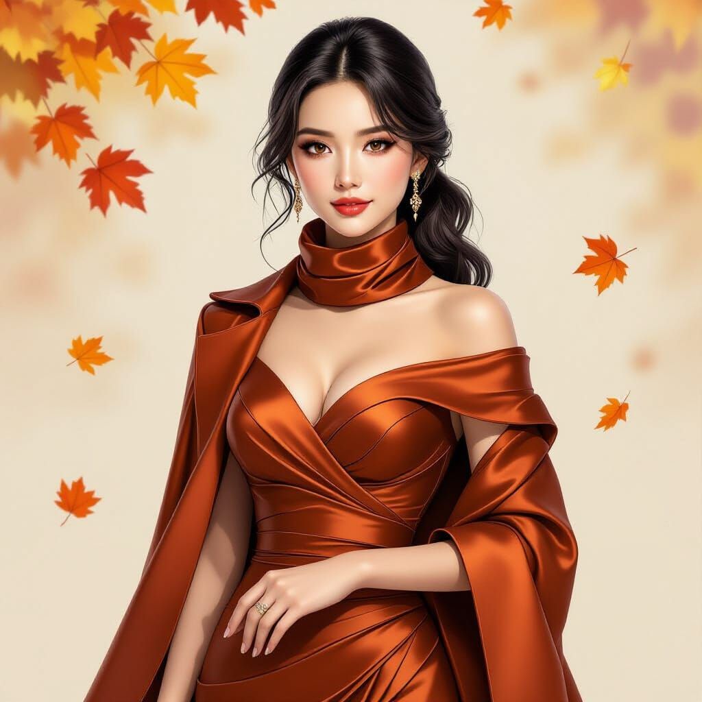 Beautiful Woman in Elegant Autumn Dress