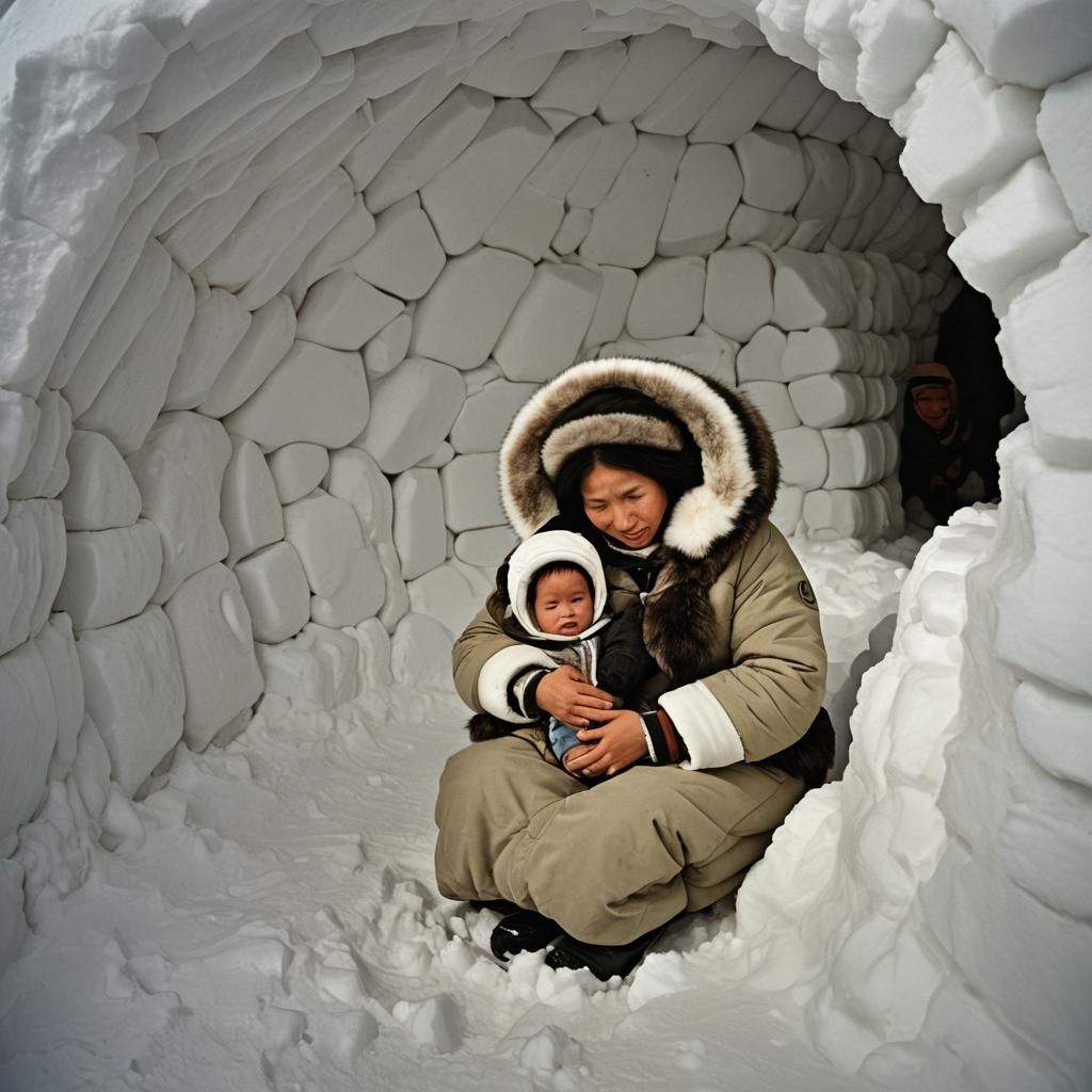 Inuit Mother Nursing Baby in Igloo