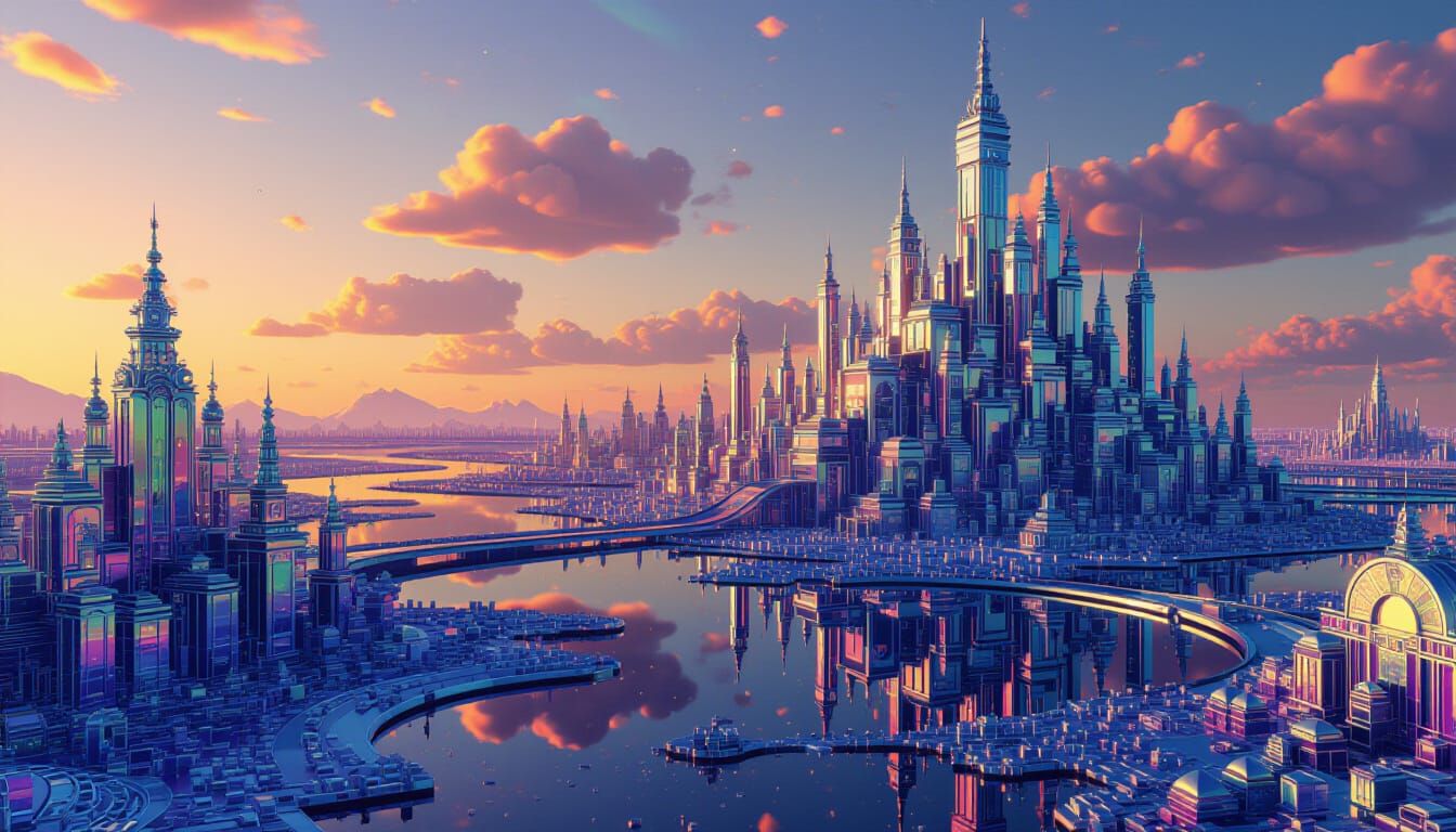 Psychedelic Fractal Cityscape in Rainbow Chrome, Infinite Zo...