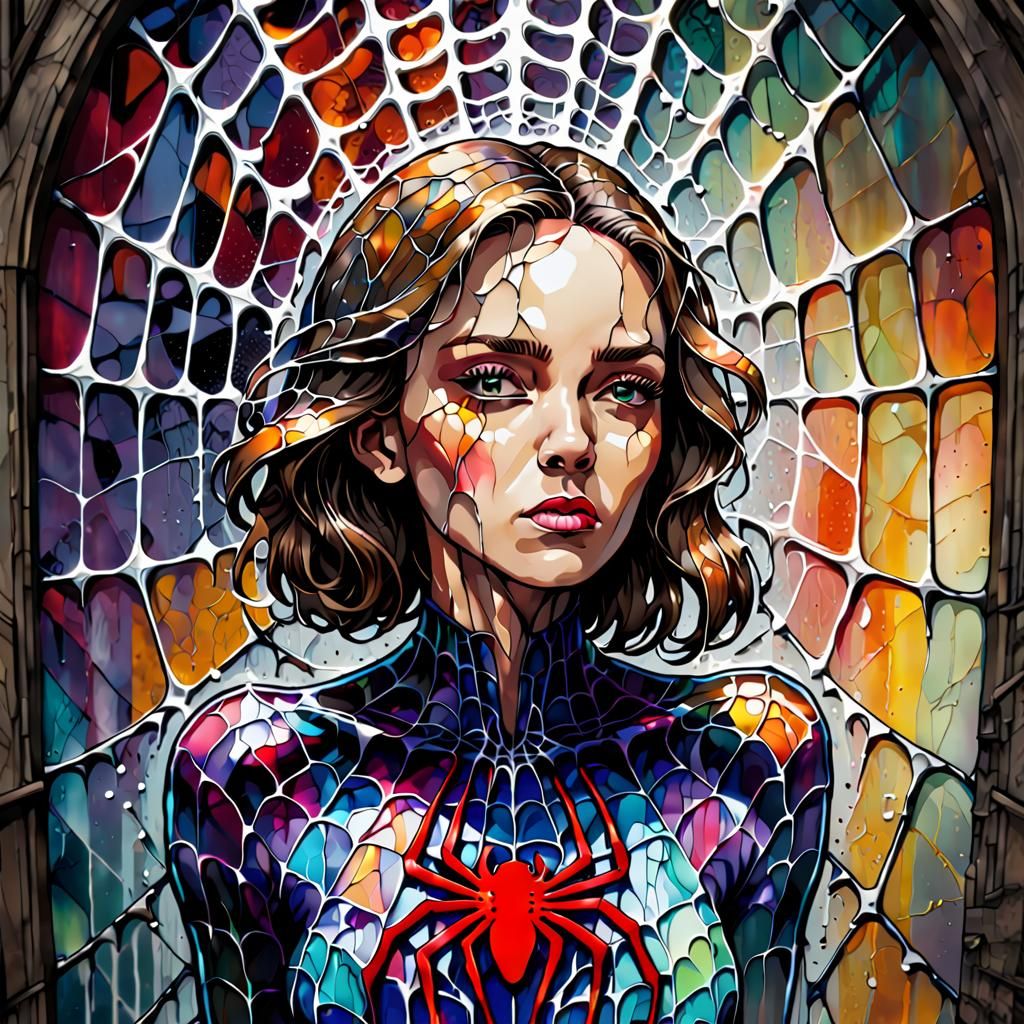 Splash ink, stained-glass, female against spiderweb backdrop...