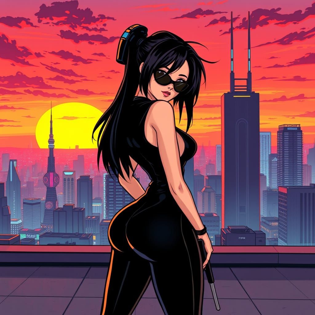 Cyberpunk Manga Goddess in Tokyo Rooftop Setting