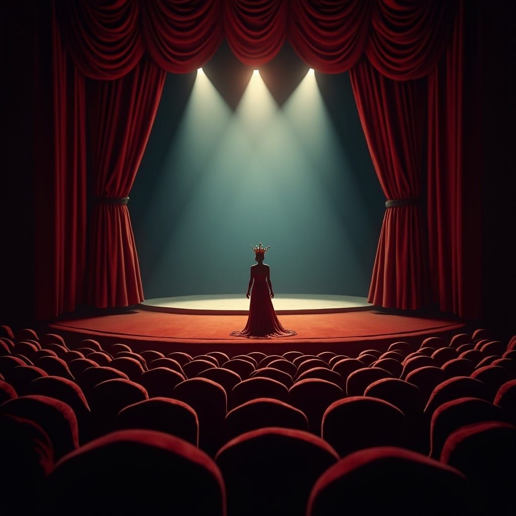 Surreal Theatre Stage with Crowned Figure in Spotlight