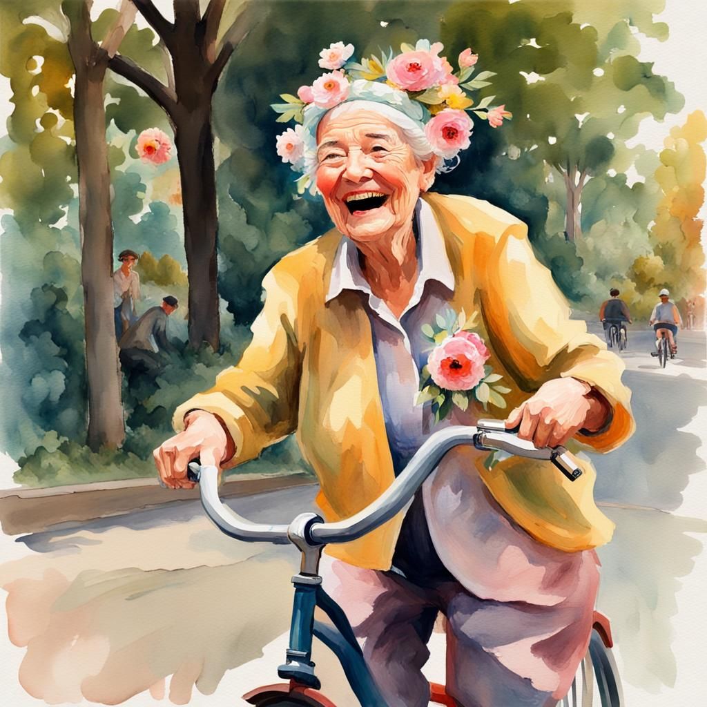 Joyful Couple Rides Bicycle in Watercolor Gouache Style