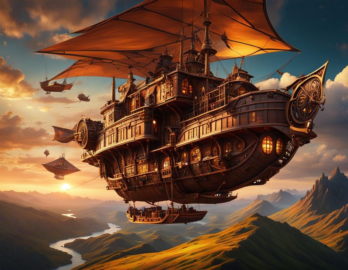 Steampunk Kite Airship Over Mountain Landscape