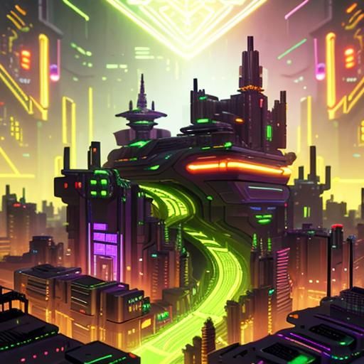 Futuristic Cyberpunk Cityscape with Neon Temple