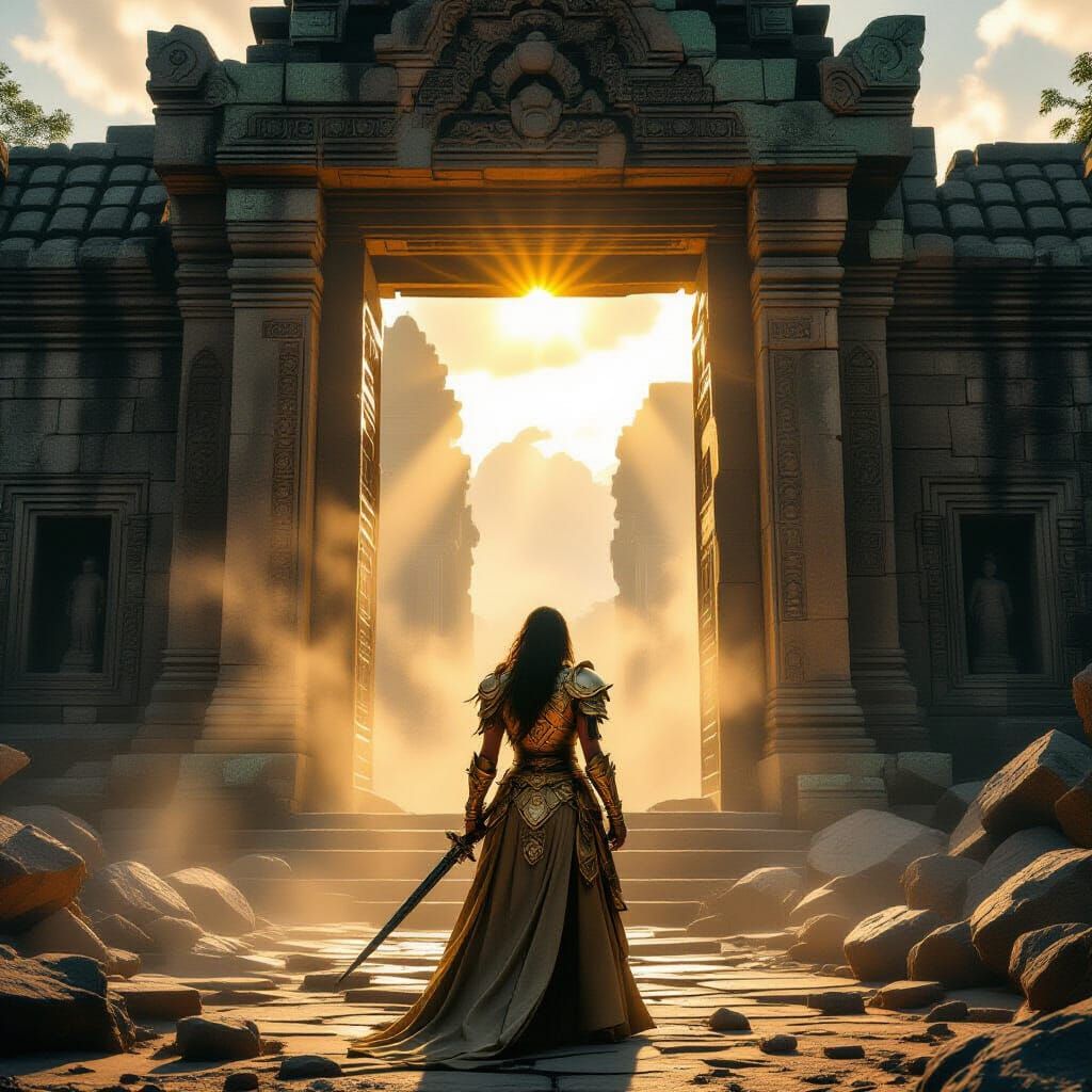 Female Warrior at Ancient Temple Entrance