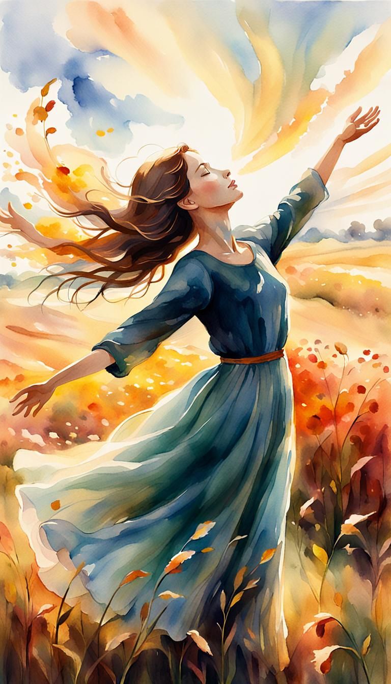 Woman in Field, Impressionist Watercolor Illustration