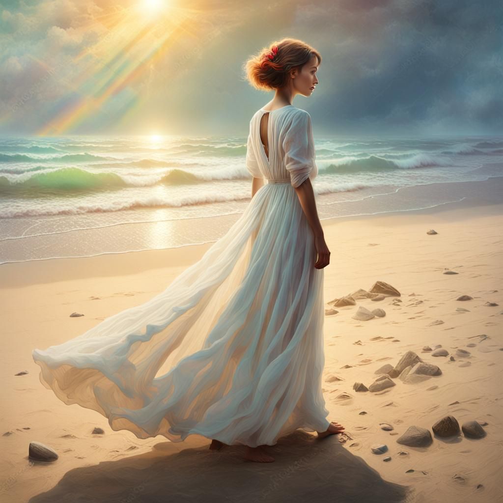 Shipwrecked Woman in White Dress: Digital Art