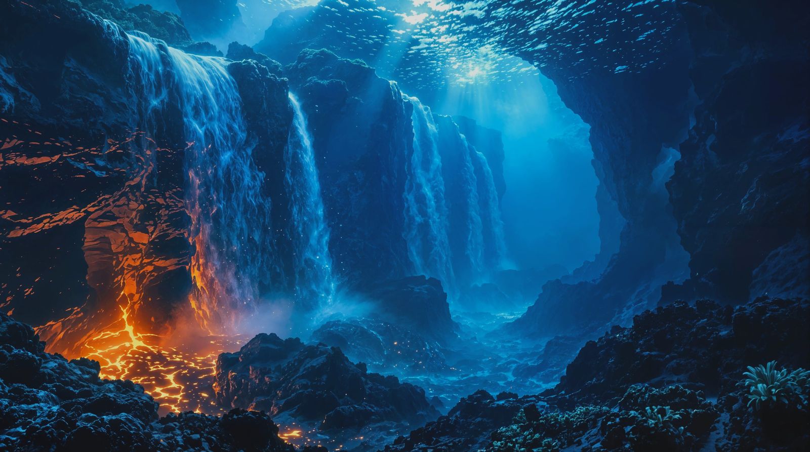 Epic Undersea Scene with Glowing Molten Lava