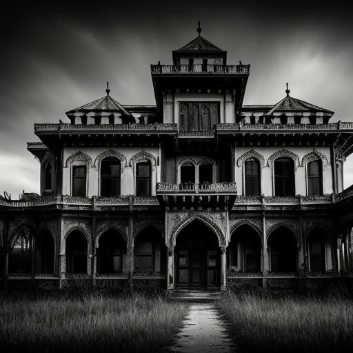 Eerie Moorish Revival Mansion Facade in Black and White