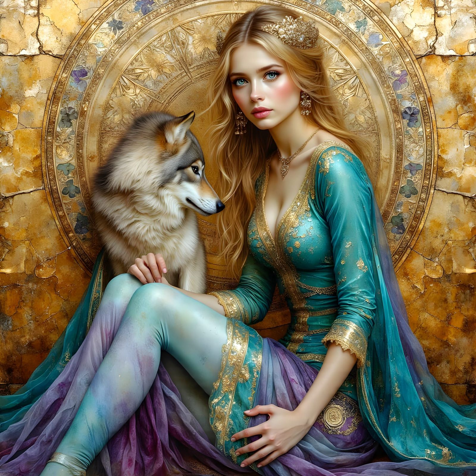 Sensual Woman with Wolf Companion as Oil Painting