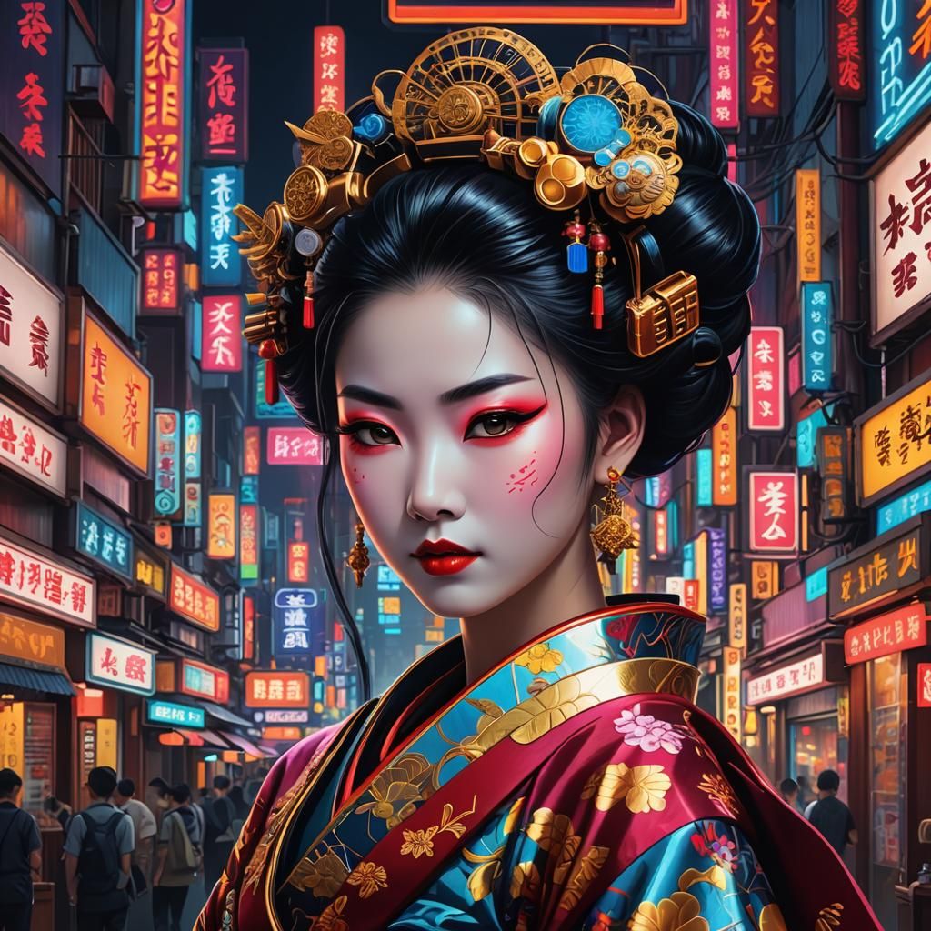 Geisha Portrait with Neon Sign Backdrops