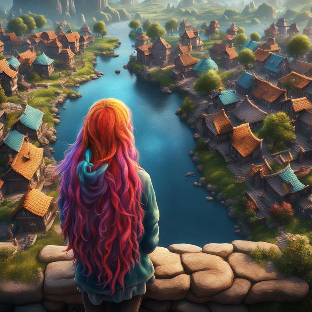 Colorful Haired Girl Smiling Down at Village