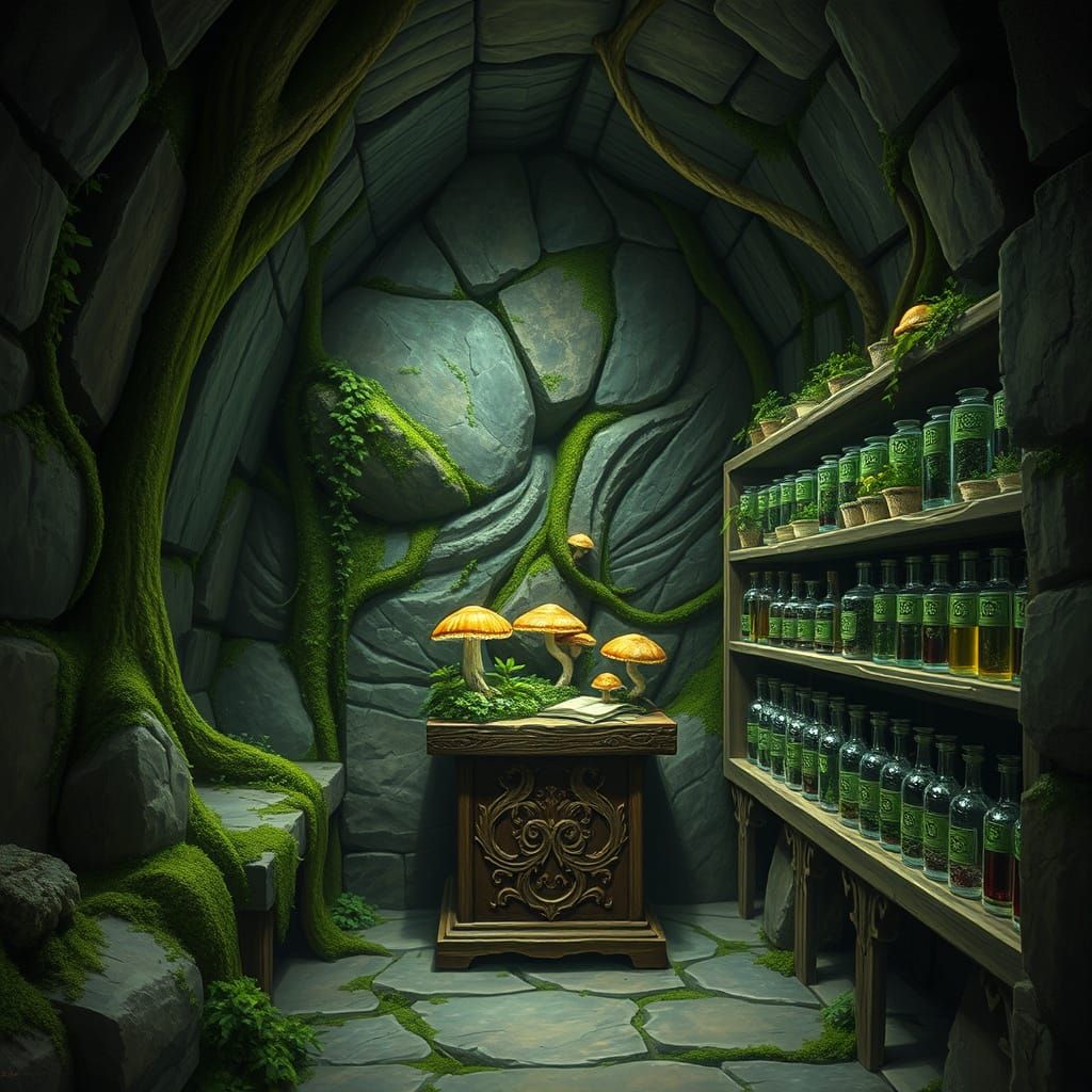 Ancient Stone Alcove with Bioluminescent Mushrooms and Shift...