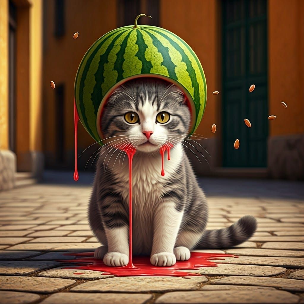 Feline Surrealist Wears Watermelon Helmet in Whimsical Stree...