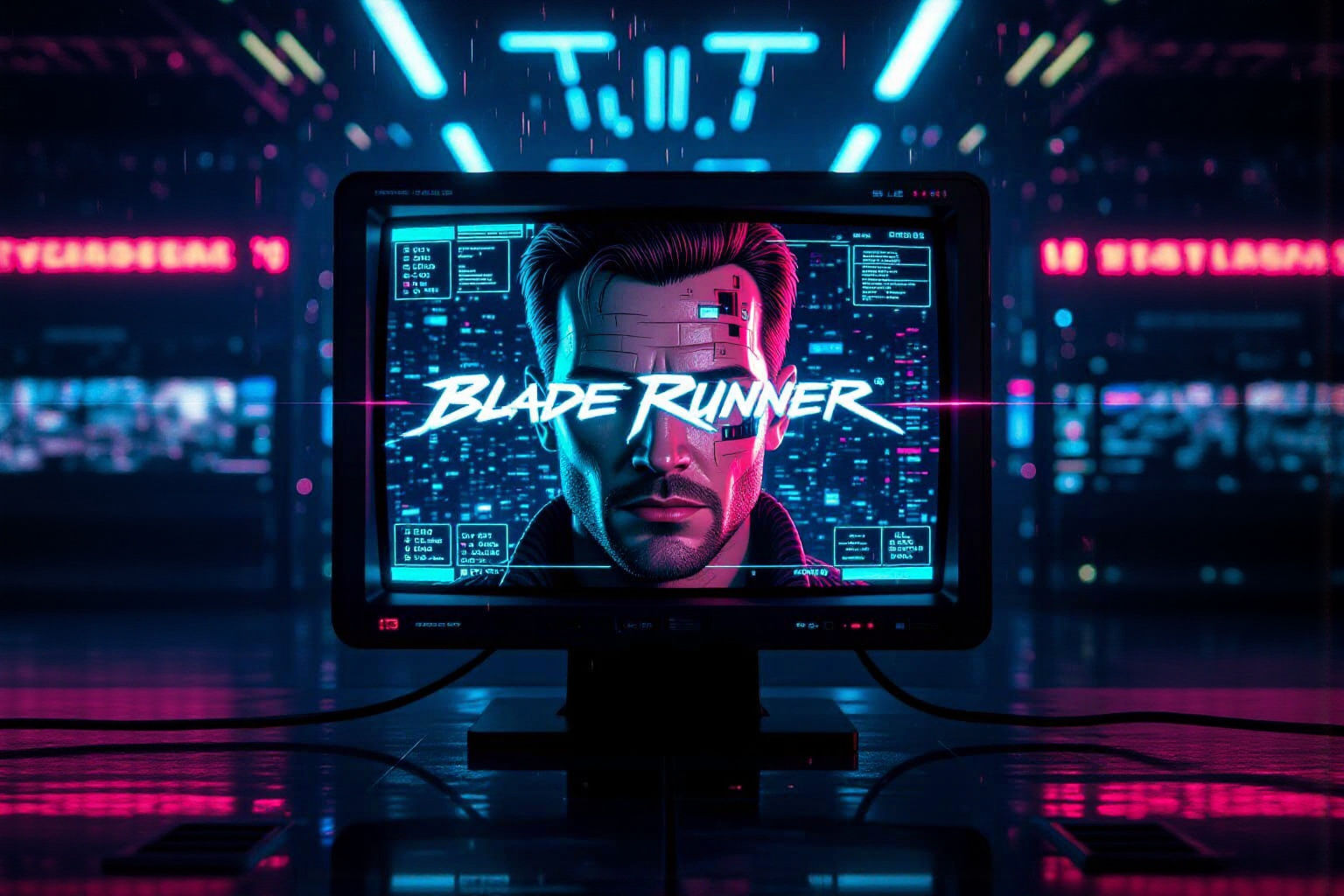 Glitching Face on Viewscreen Amidst Cyberpunk Computer Banks