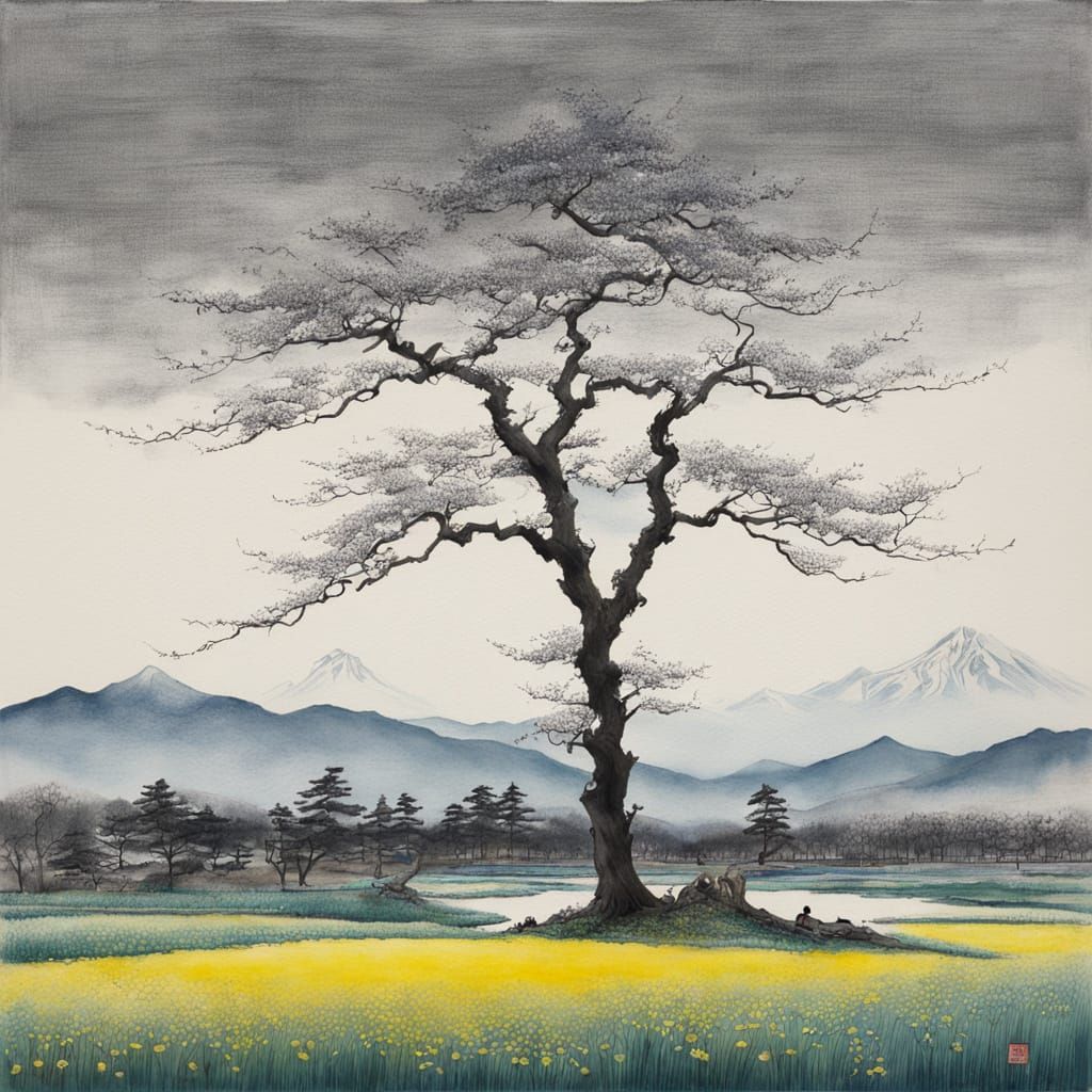 Yamato-e Spring Scene in Japanese Minimalist Style