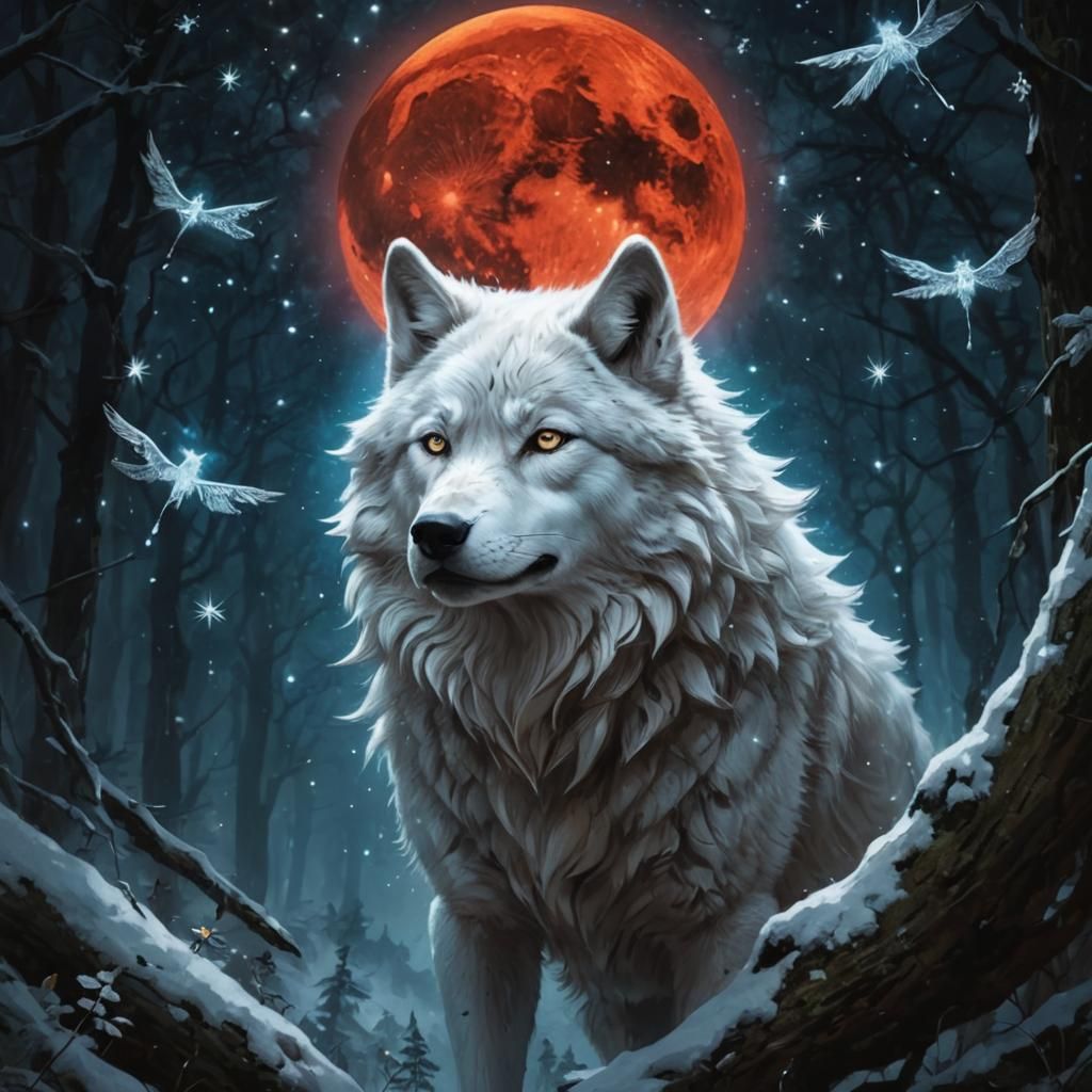"I'm the wolf in the woods my eyes are hazel my fur is white and like silk my essence is like a rose in a summer breeze ...
