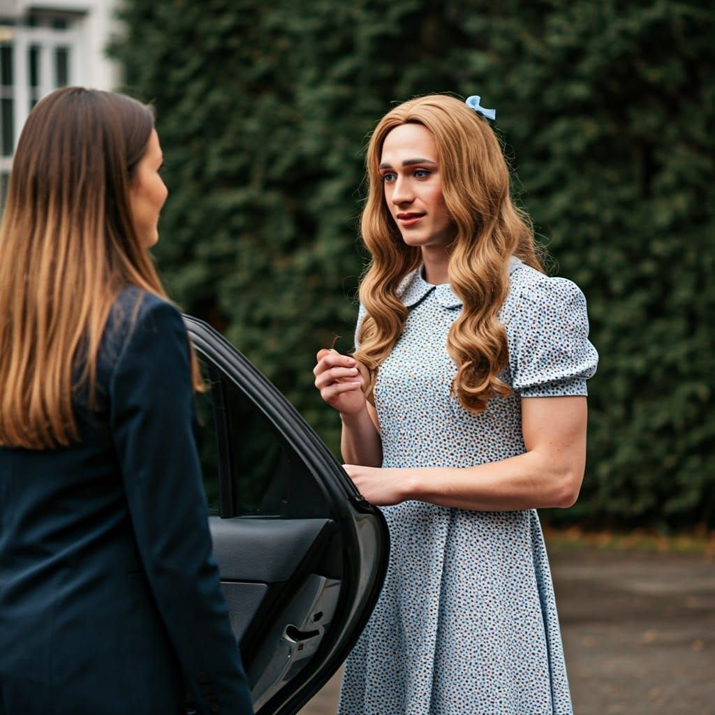 Crossdressing Man Opens Car Door to Woman
