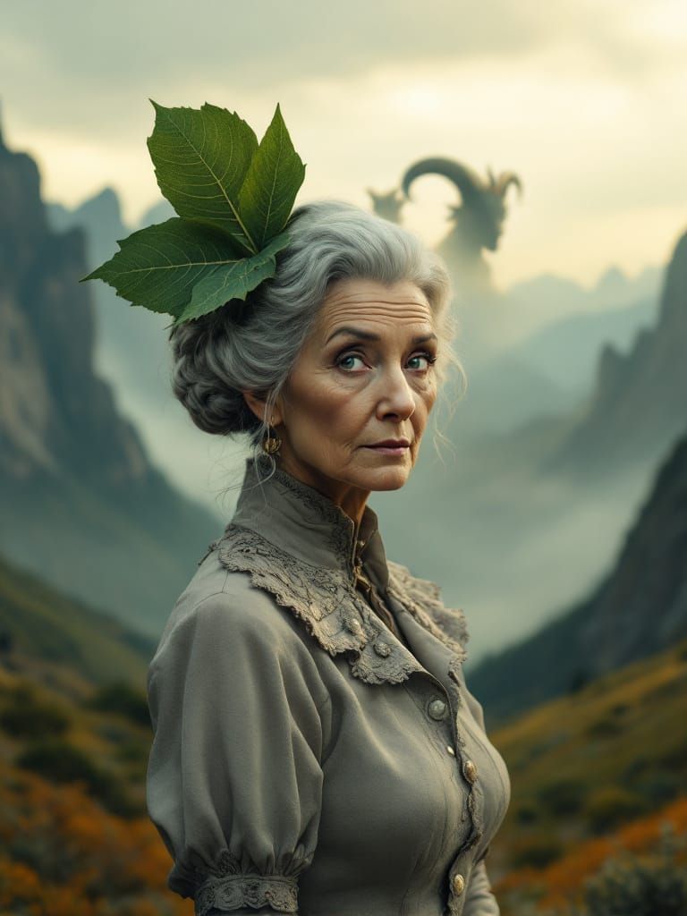 Elderly Woman with Leaf in Hair, Vintage Style
