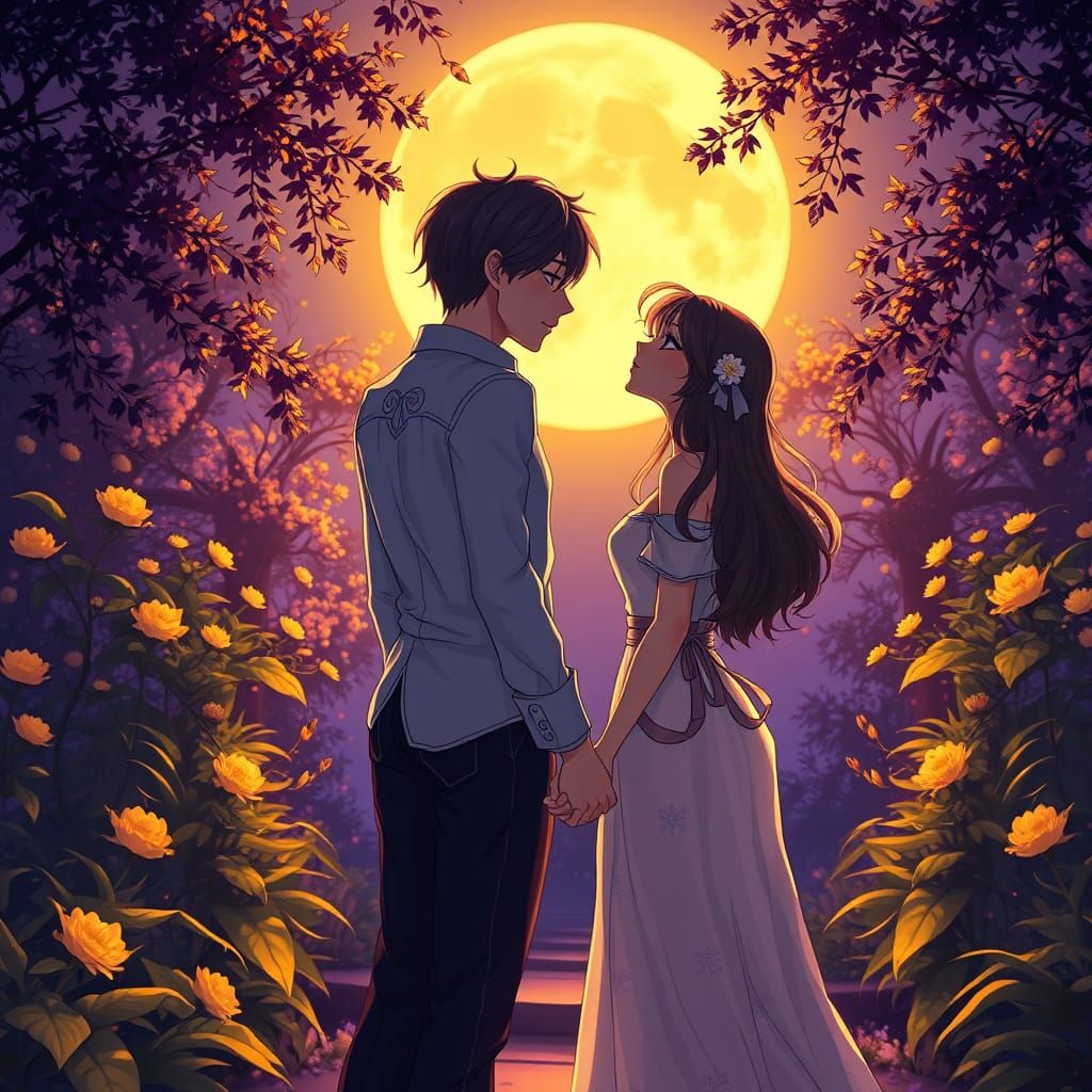 Romantic Anime Couple Under Moonlit Garden