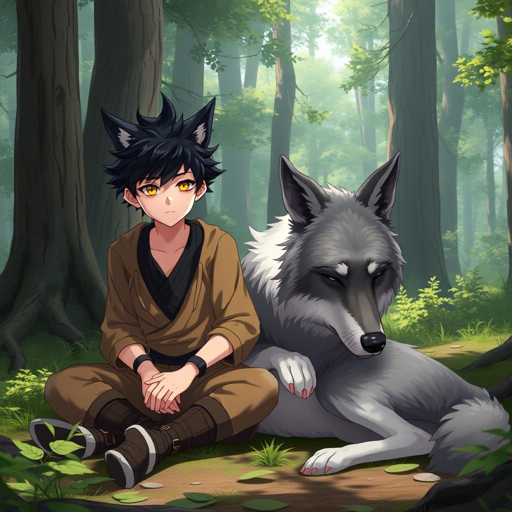 Boy and Wolf in Forest Clearing: 3D Anime Art