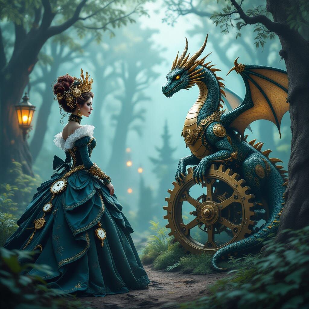 Steampunk Queen and Dragon in Mechanical Forest