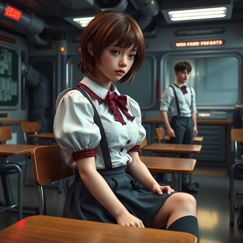 Sorrowful Student in Futuristic Classroom