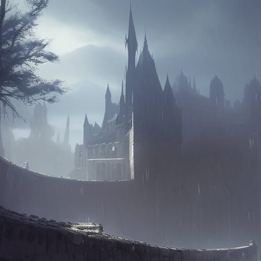 Sinister Old Castle and Dark Wood Under Blue Sun