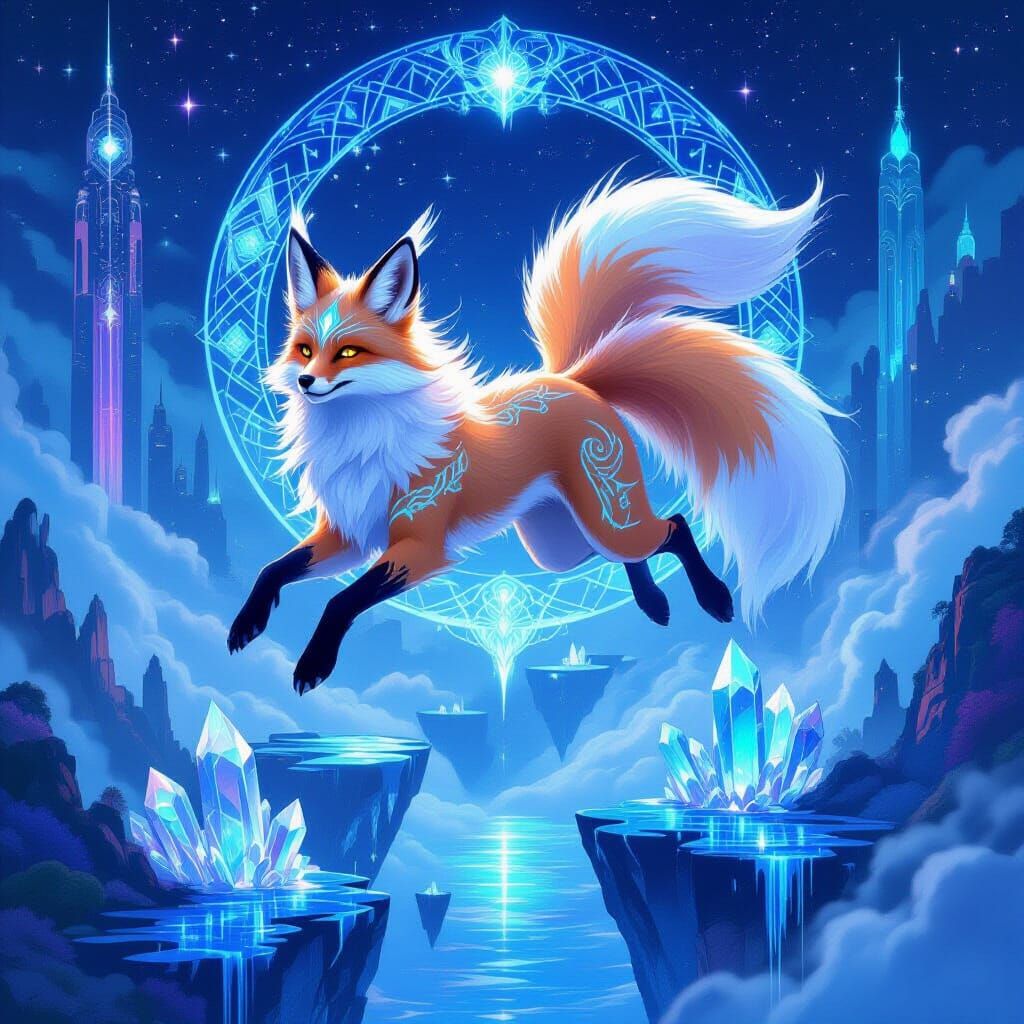 Fox Spirit Leaping Through Cyberpunk Crystal Islands