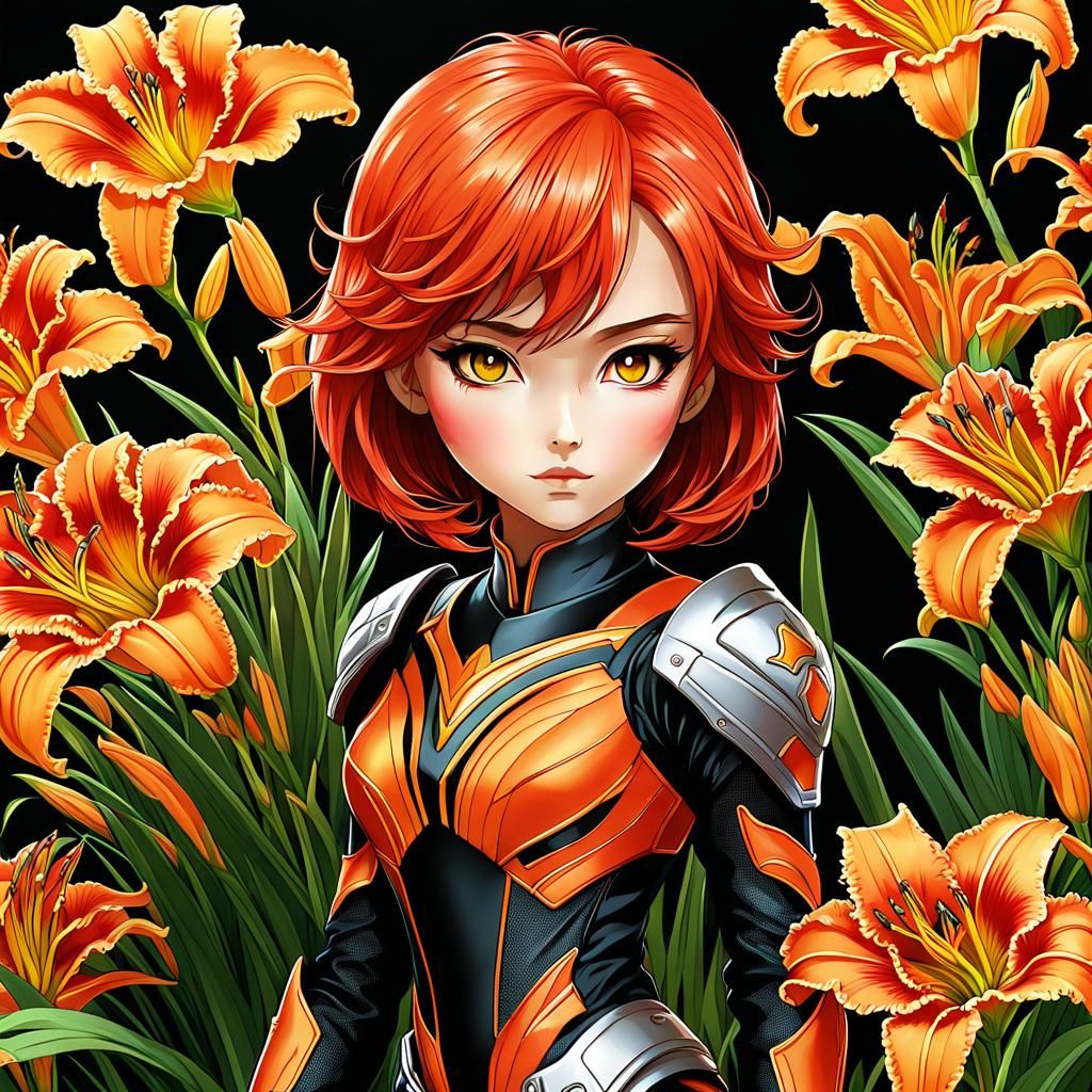 Chibi Phoenix Among Daylilies in Anime Style