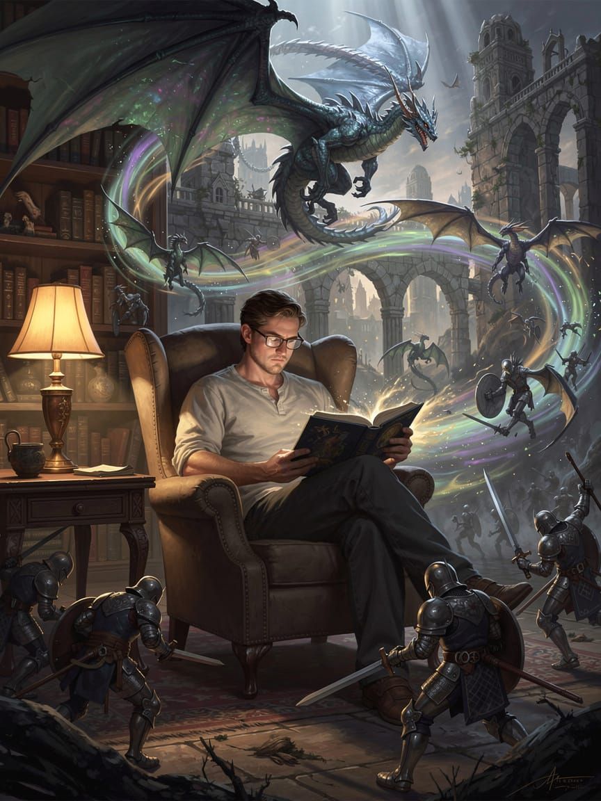 Man Reading Fantasy Novels with Imagined Worlds Swirling Aro...