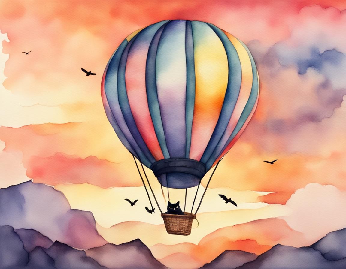 Watercolor Cat Rides Hot Air Balloon at Sunset