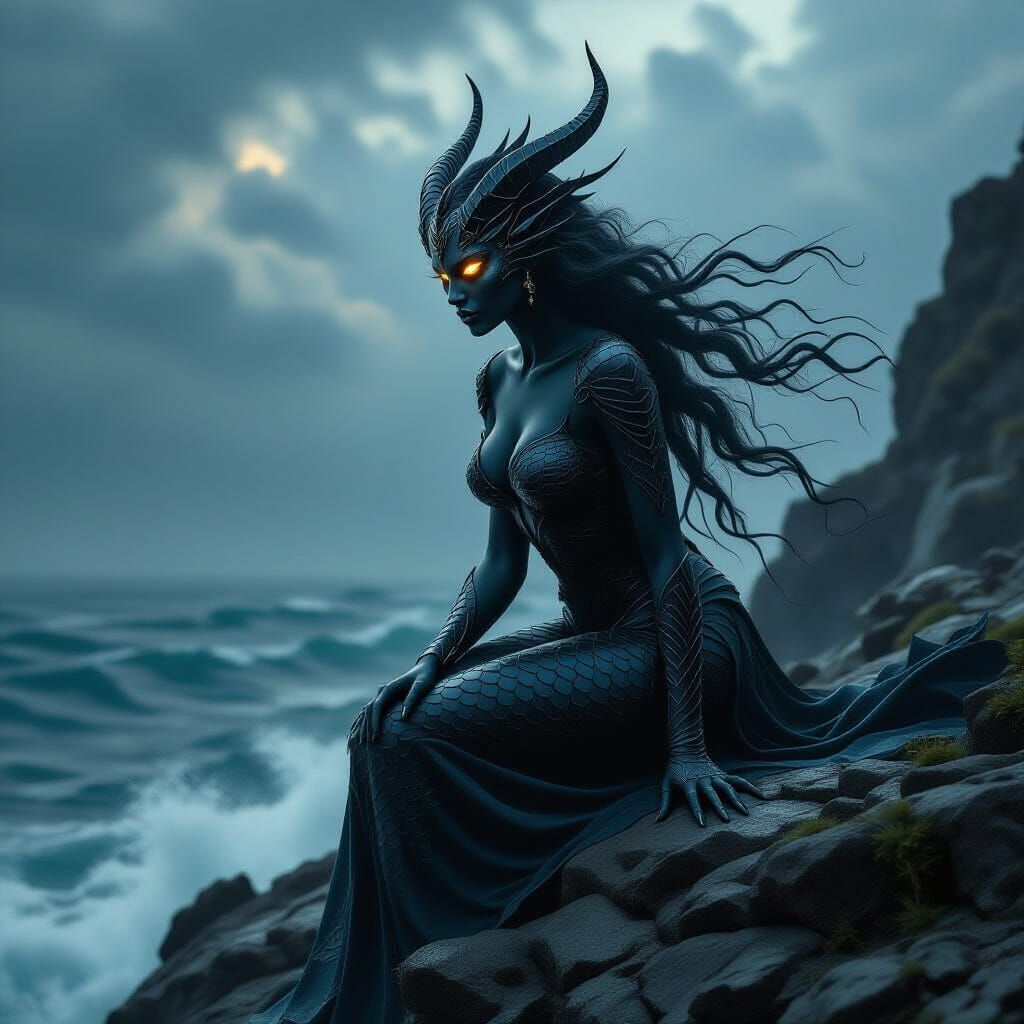 Gothic Siren Beckons From Stormy Sea in Dark Fantasy Style