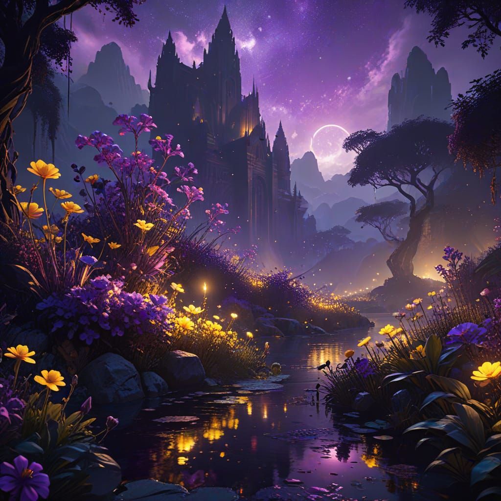 Enchanted Oasis at Night: Dark Fantasy Concept Art