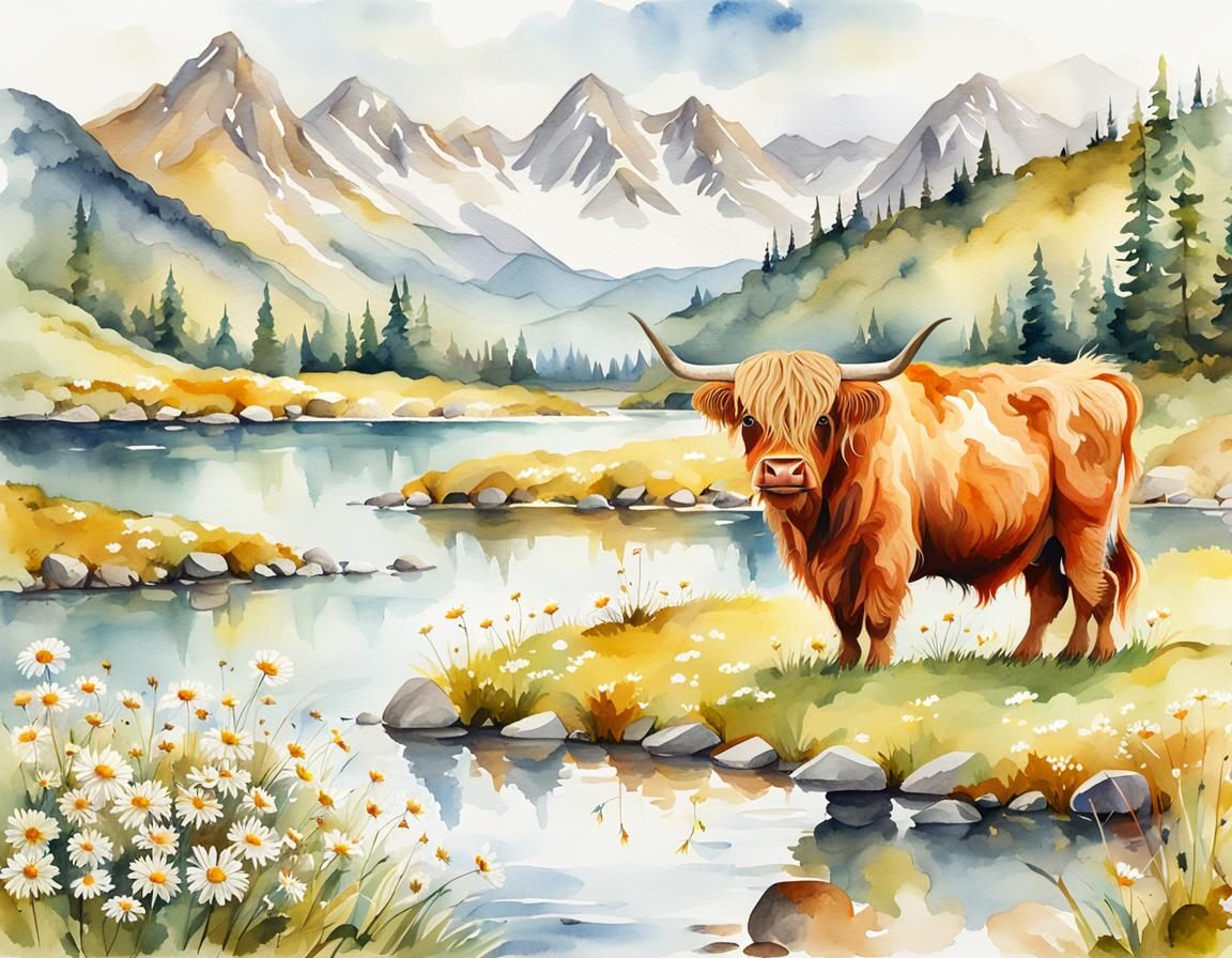 Watercolor Highland Cows in Daisy Field