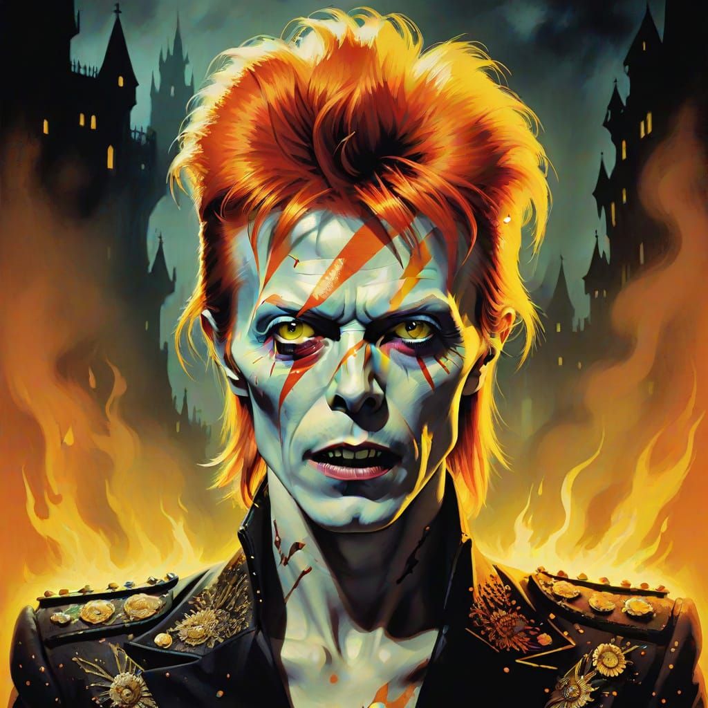 Vibrant, 8K image of a mysterious figure of Zombie David Bow...