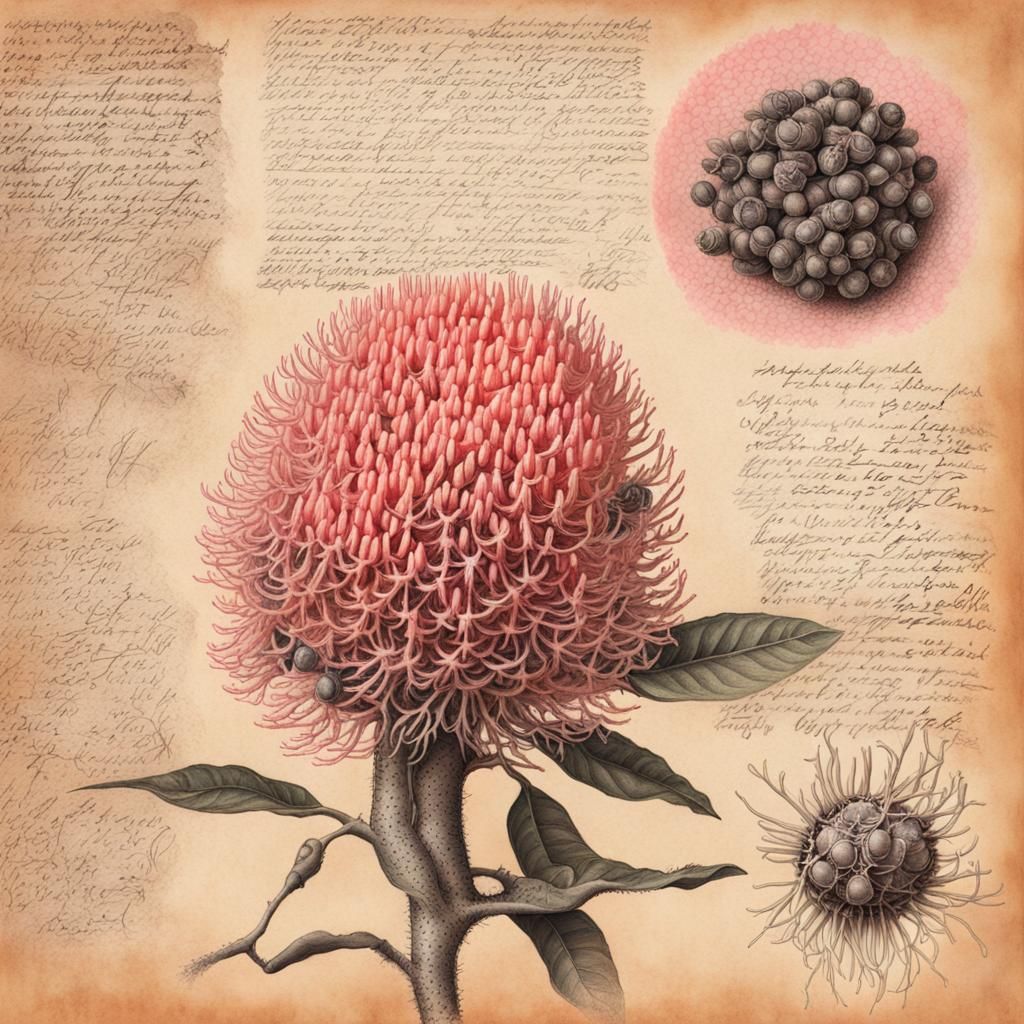 Coral Banksia Ink Drawing on Parchment